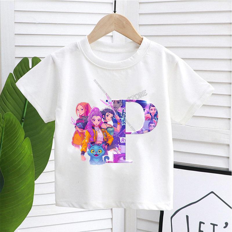 KPop Demon Hunters White T-shirt for Children A-Z Letters Tee Top Cartoon Round Collar Clothes Kids Short Sleeve Clothing Gift