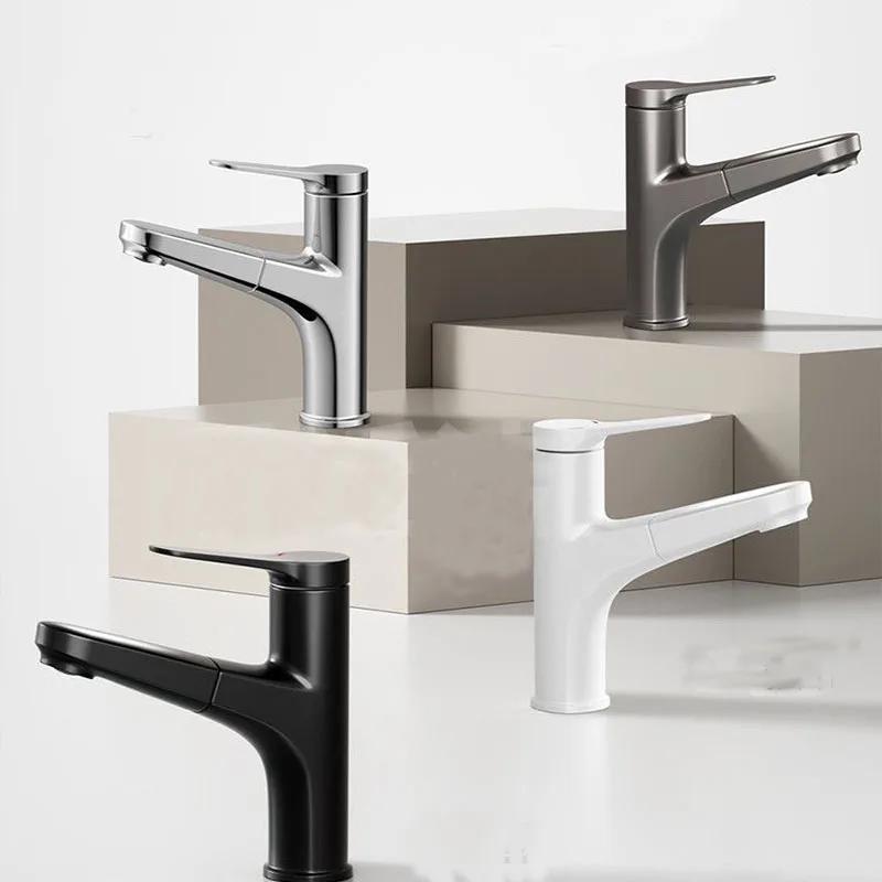 Pull Out Bathroom Washbasin Faucet Brass Sink Tap Flexible Hot and Cold Water Mixer Faucet Deck Mounted Bathroom Accessories