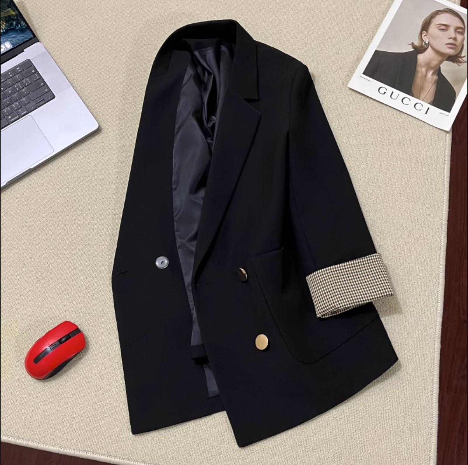 

Women s Black Loose Casual Suit Jacket with Turn-up Sleeves - Korean Style for Spring and Autumn M (up to 50 kg) чорний