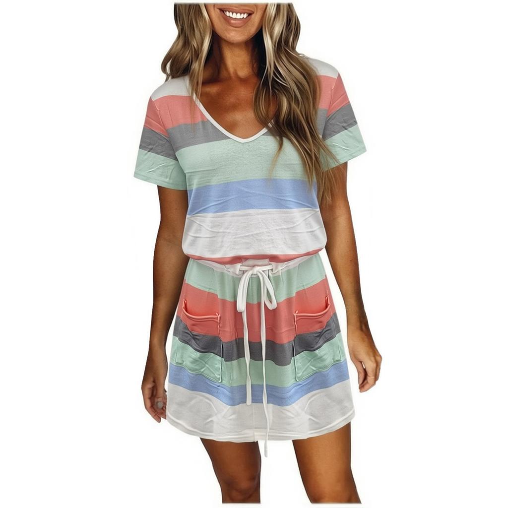 Women’s Short Sleeve V Neck Striped Mini Dress with Drawstring Waist and Front Pockets Casual Loose Fit Summer Dress