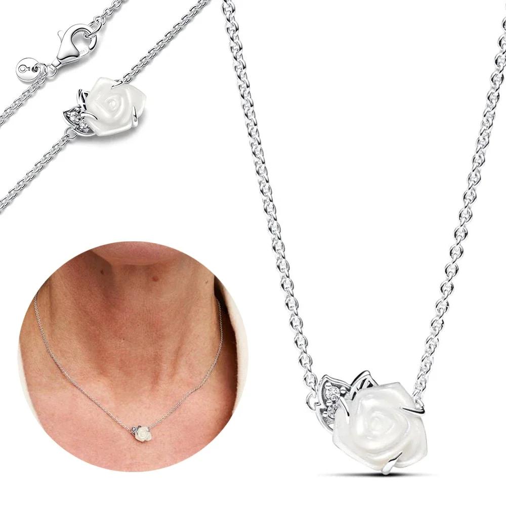 925 Silver Rose Bloom Necklace Earrings Set Women Gift Jewelry Original Charm Beaded Collection