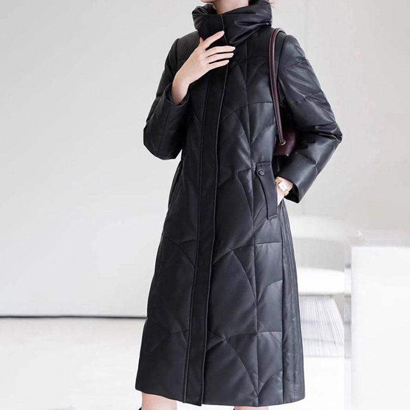 Winter Women's Genuine Leather Jacket Over-the-Knee Long Sheepskin Padded Coat Thickened Windproof Warm Camel Wool Coat