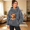 Women's Color Hooded Sweatshirt with Plush Pet Pouch, Loose Fit Zip Pullover Top for Casual Wear