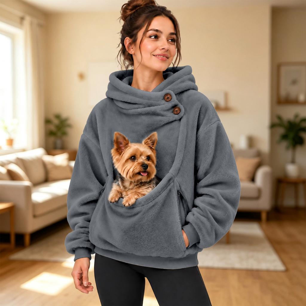 Women's Color Hooded Sweatshirt with Plush Pet Pouch, Loose Fit Zip Pullover Top for Casual Wear