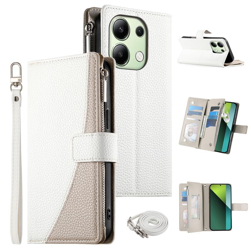 For Xiaomi Redmi Note 13 4G Case Zipper Wallet Color Splicing Leather Flip Phone Cover with Straps