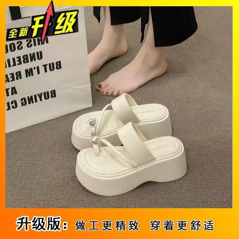 2025 new fairy wind love rhinestone cover toe slippers women wear thick-soled high-heeled beach sandals in summer