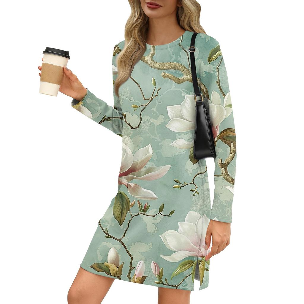 Dámská móda Ležérní šaty s kulatým výstřihem a dlouhým rukávem s rozparkem na půl lemu