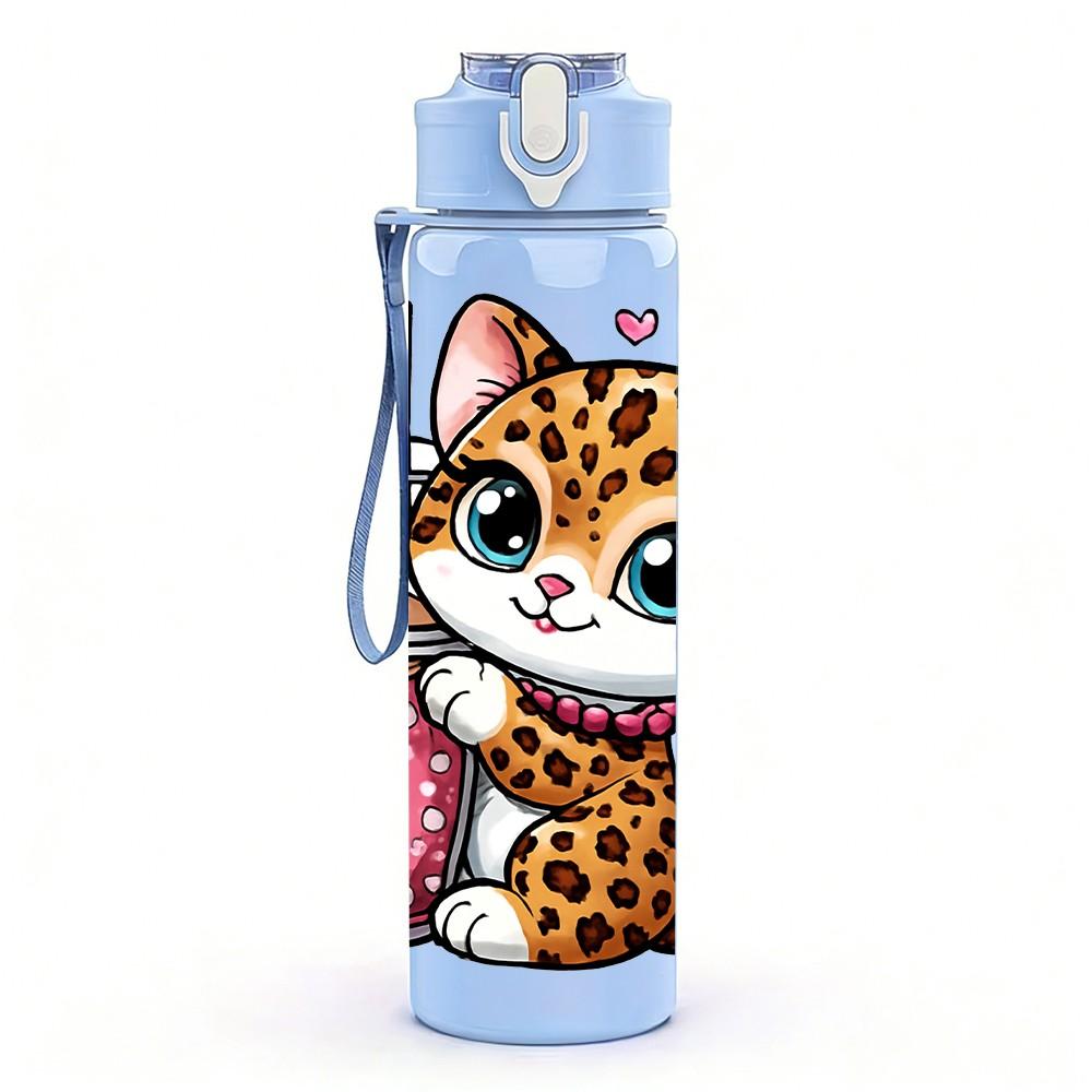 1PC Kitty Cat Drinking Milkshake Print 750ml Color Plastic Sports Water Bottle Leakproof Flip Straw Lid Suitable for Sports Office Home Use