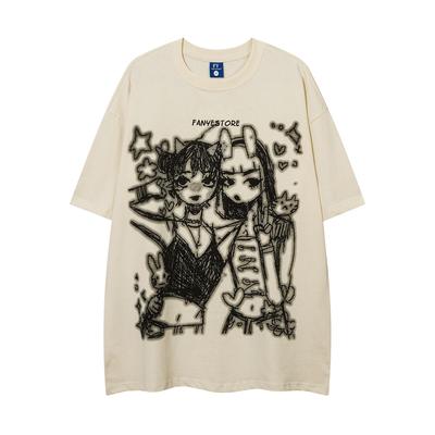 Anime Cartoon Short Sleeved T-shirt for Men and Women Summer High Street Trend Design Sense, Niche Loose Pure Cotton Quarter Sleeved T-shirt