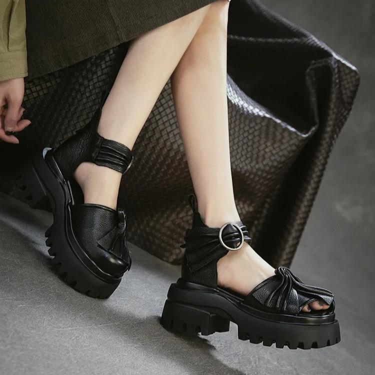 Johnature Genuine Leather Retro Pleated Thick Soled Sandals Comfortable And Breathable Women's Shoes