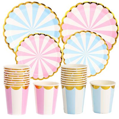 10 stücke für 1 los Rosa Blau Streifen Dot Einweg Geschirr Sets Papier Becher Platte Strohhalme Gabel Einweg Sets Hochzeit Geburtstag Party Dekorationen