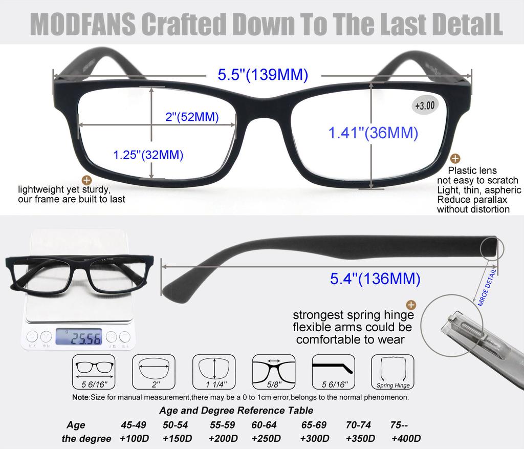 MODFANS Reading Glasses Men Eyeglasses read Classic Square Frame Spring HInge Lightweight Comfortable Wear Readers Women Eyewear