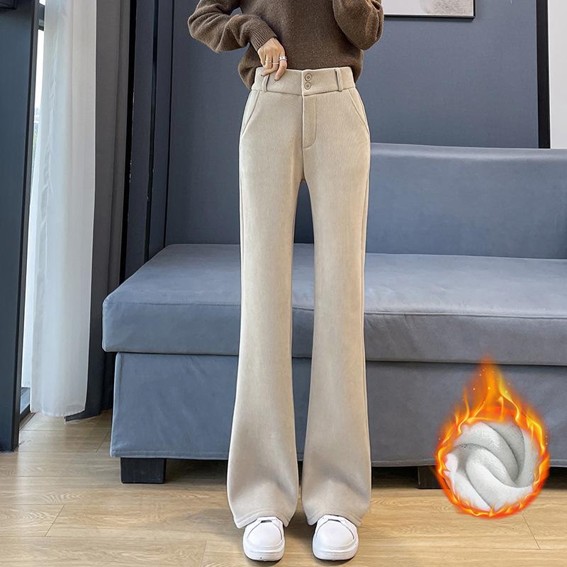 Autumn Winter High Waist Solid Color Casual Fashion Velvet Flare Pants Women Warm All-match Corduroy Trousers