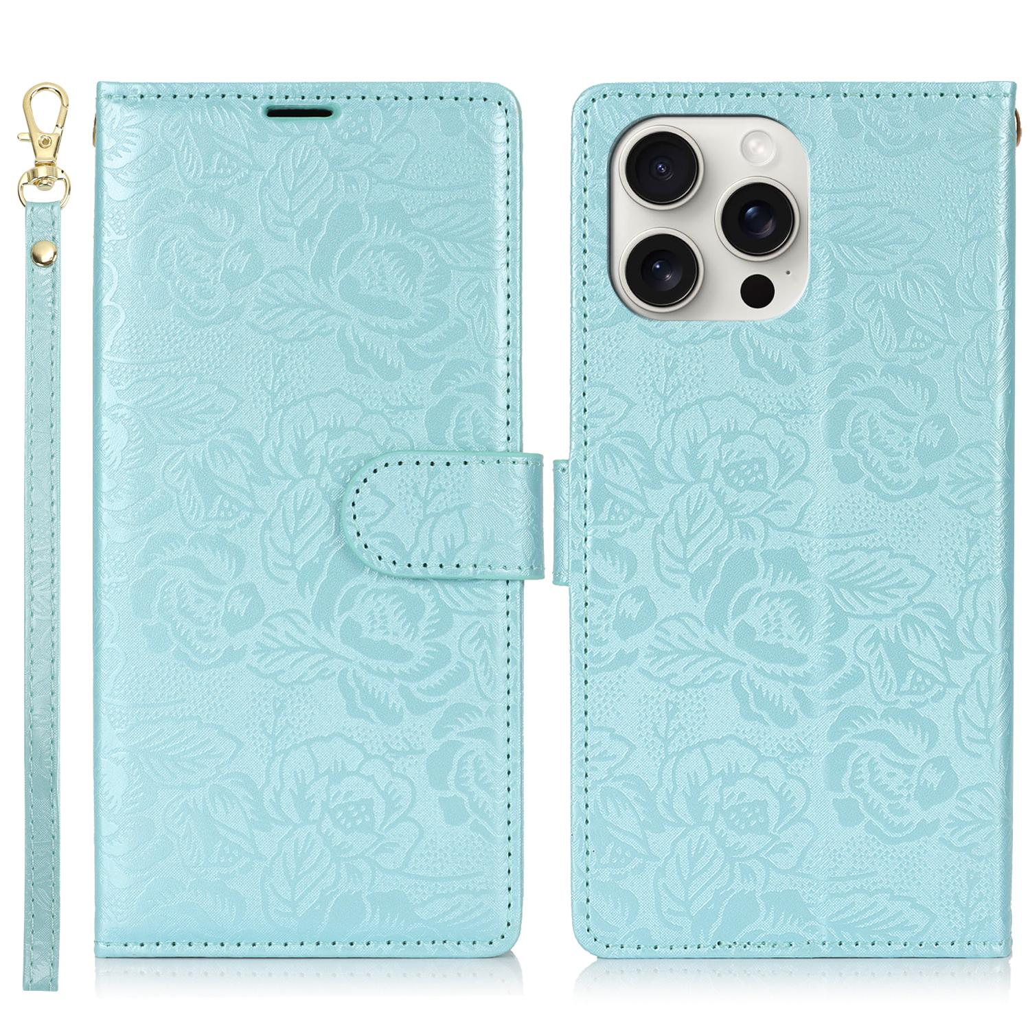 

For iPhone 16 Pro Max Case with Hand Strap Flower Imprint Leather Wallet Phone Cover C