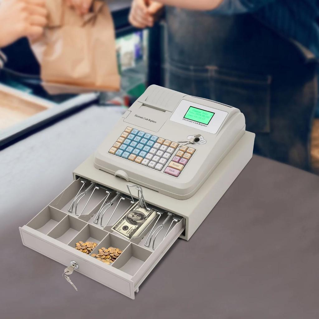 Cash Register 48-Key LED Display Electronic Cashier Cash Management POS System High-Speed Thermal Printing Digital Cash Register