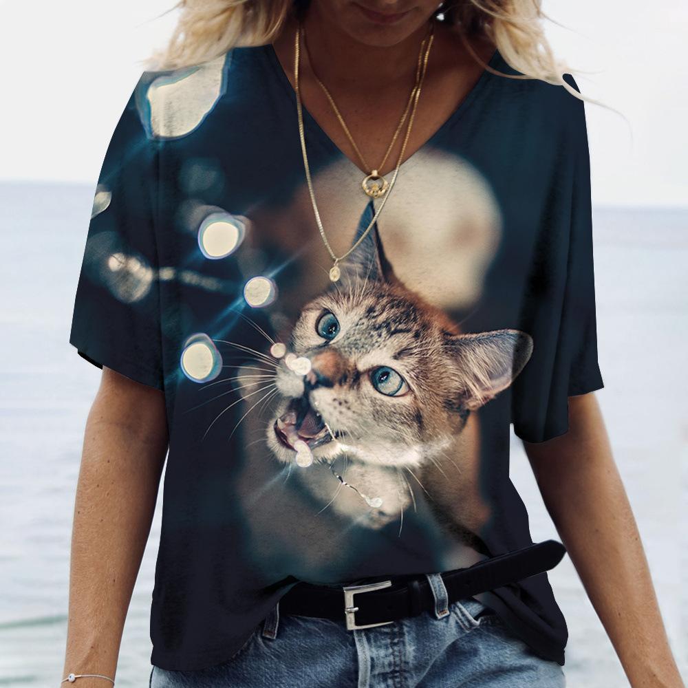 Stylish Breathable Cat Print Short-sleeved V-neck Simple Top T-Shirts Women’s