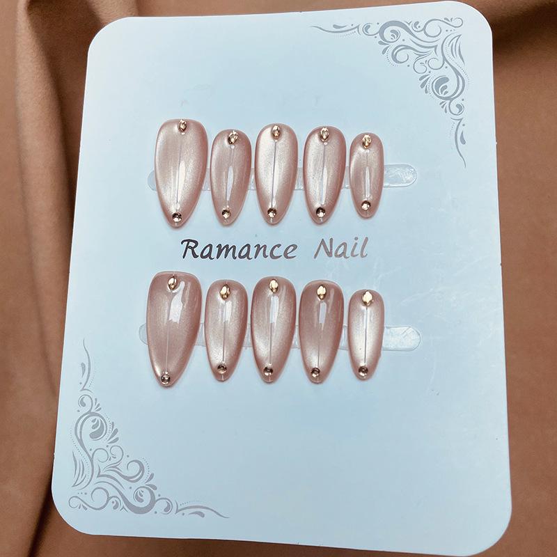 Jingyue Si Wearable Cat Eye Almond Nail Tips - Handmade Nude Manicure Medium M