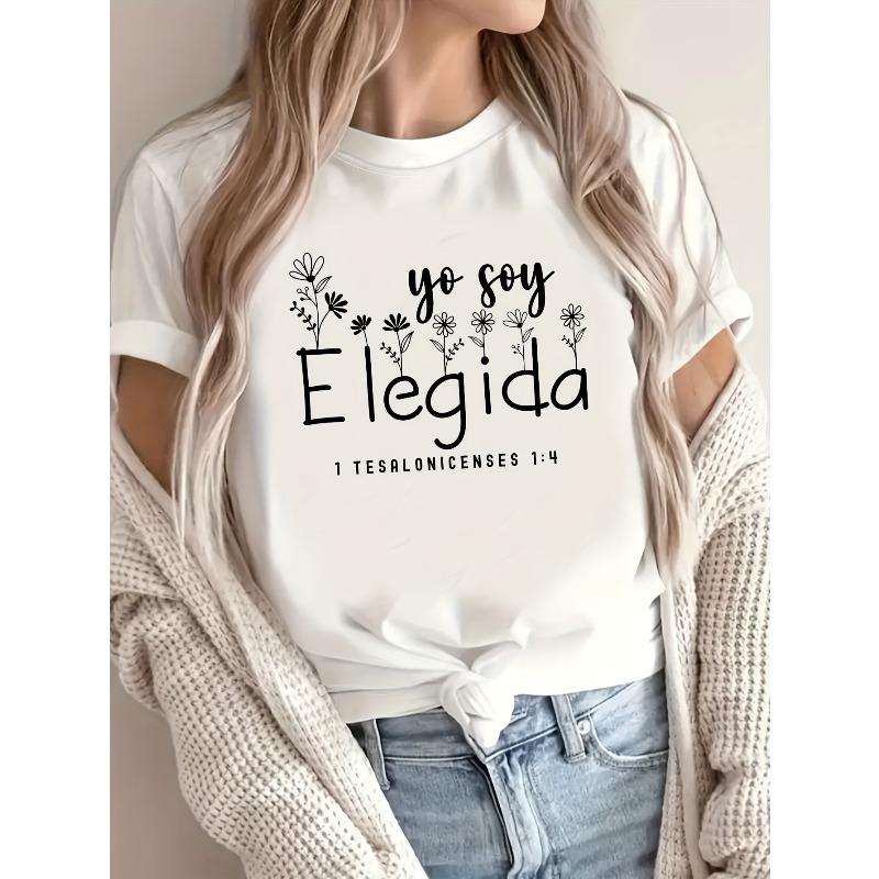 Womens Trendy Letter Print Round Neck Short Sleeve Casual Daily Tee S белый