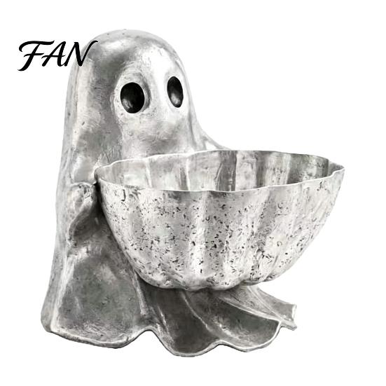 Small Item Organizer Halloween Ghost Candy Bowl, Resin Decorative Storage Dish, Silver Sculpture Gray Snack Holder, for Home Tabletop And Entryway