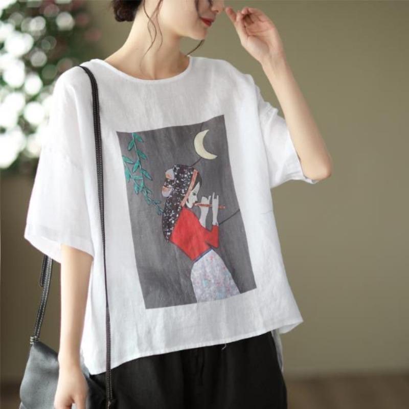 YYFS Women's Fashion Casual Summer Spring Flower Pattern Print 1/2 Sleeves O-Neck Blouses & Shirts