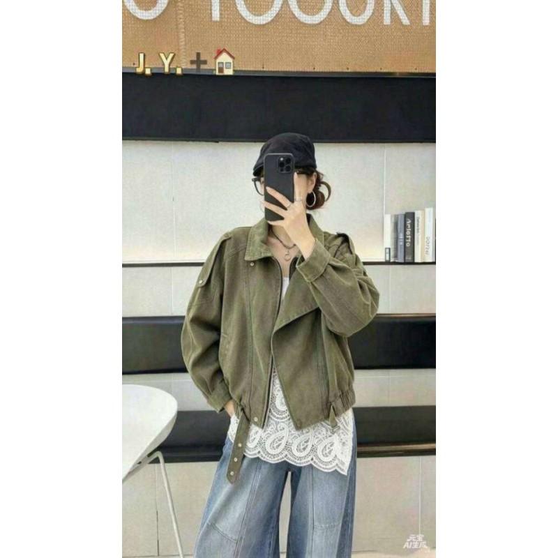 Womens Vintage Motorcycle Denim Jacket Loose Fit Casual Chic With Belted Waist Fall Style