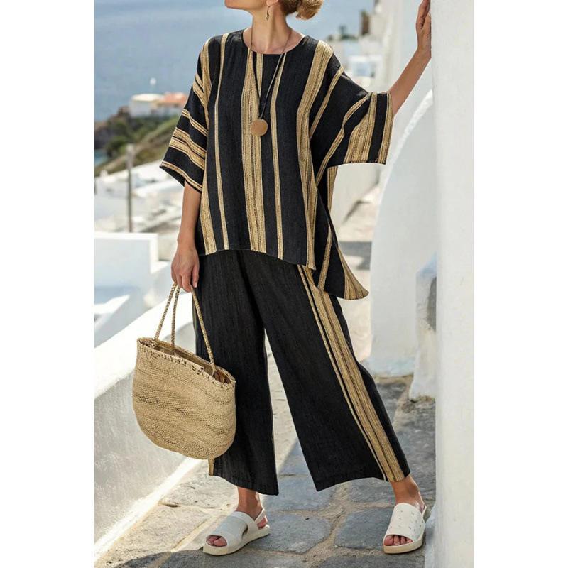 1D European and American Style Plus-size Loose Casual Five-quarter Sleeve Women's Summer Fashion Seaside Vacation Beach Two-piece Set