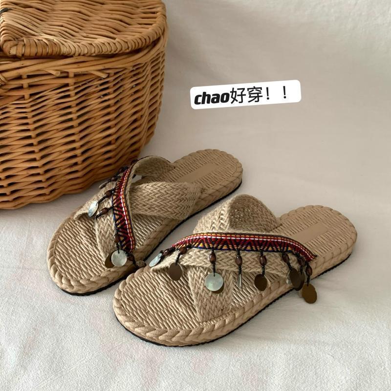 

Новые плетеные вручную тайские пляжные шлепанцы женские летние Сишуанбаньна отпуск этнические крутые шлепанцы 40 бежевый
