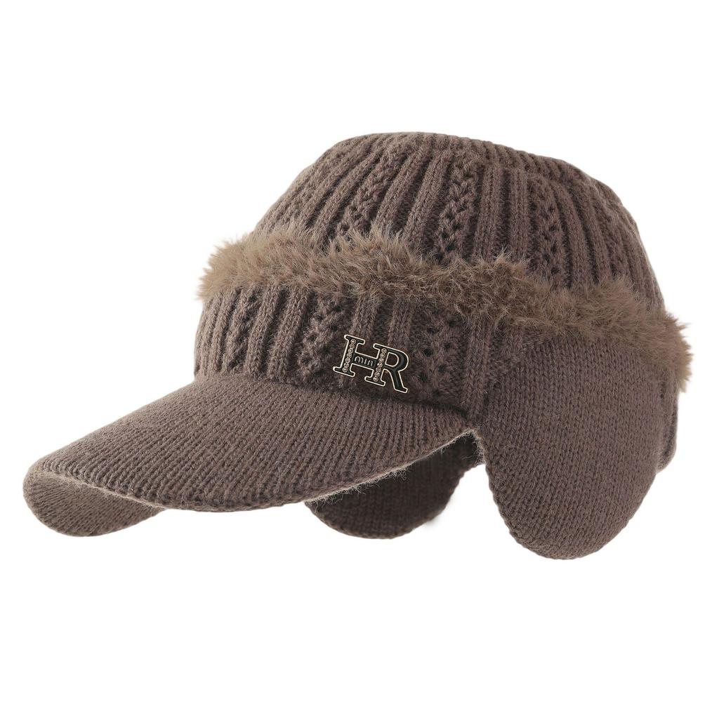Autumn and Winter Knitted Empty Top Hat, Letter Plush Duck Tongue Wool Hat, Women's Outdoor Cycling Windproof Ear Hat