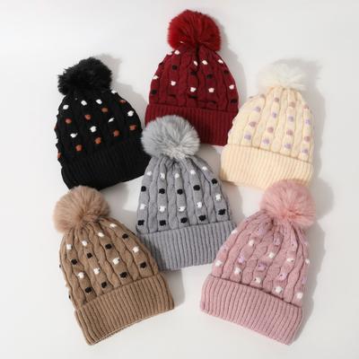 New Winter Fur Ball Hat for Women Versatile Polka Dot Knitted Pullover Wool Hat with Velvet Ear Protection  Windproof and Warm Hat  Trendy