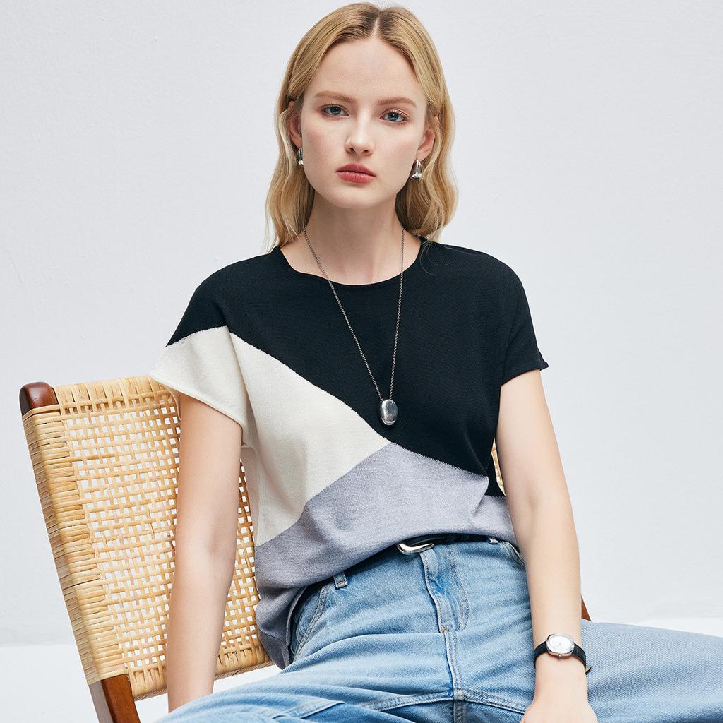 High End Color Blocking: Summer with Mulberry Silk Round Neck Fashionable and Versatile Anti-aging Wool Short Sleeved T-shirt for Women