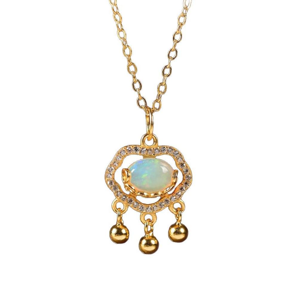 Elegant S925 Sterling Silver Opal Ruyi Peace Lock Necklace - High-End Chinese Style Pendant for Women