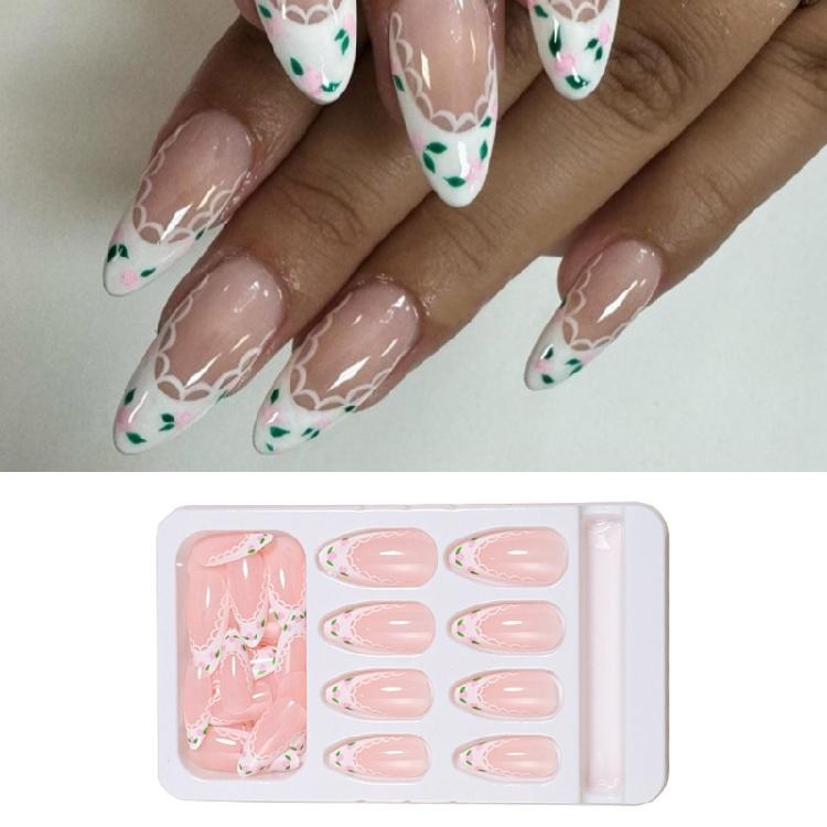 24 Pcs Press On Nail Set Acrylic False Nail With Lace and Flower Designs Nail Accesories Stick On Nail for Daily Wear