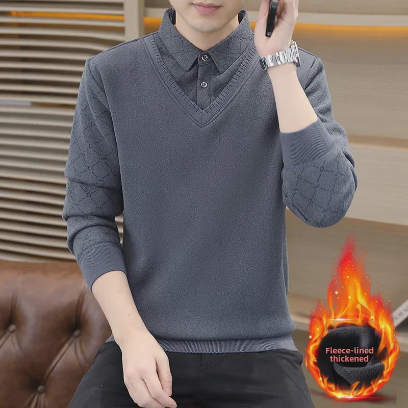 Men's Plush Velvet Sweater with Fake Two-Piece Shirt Collar