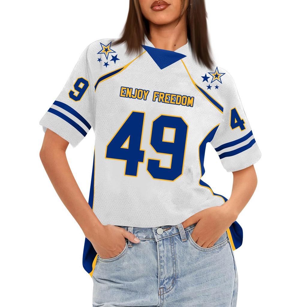 Women's Oversized Short Sleeve Mesh Football Jerseys Shirt V Neck Graphic Top Tee