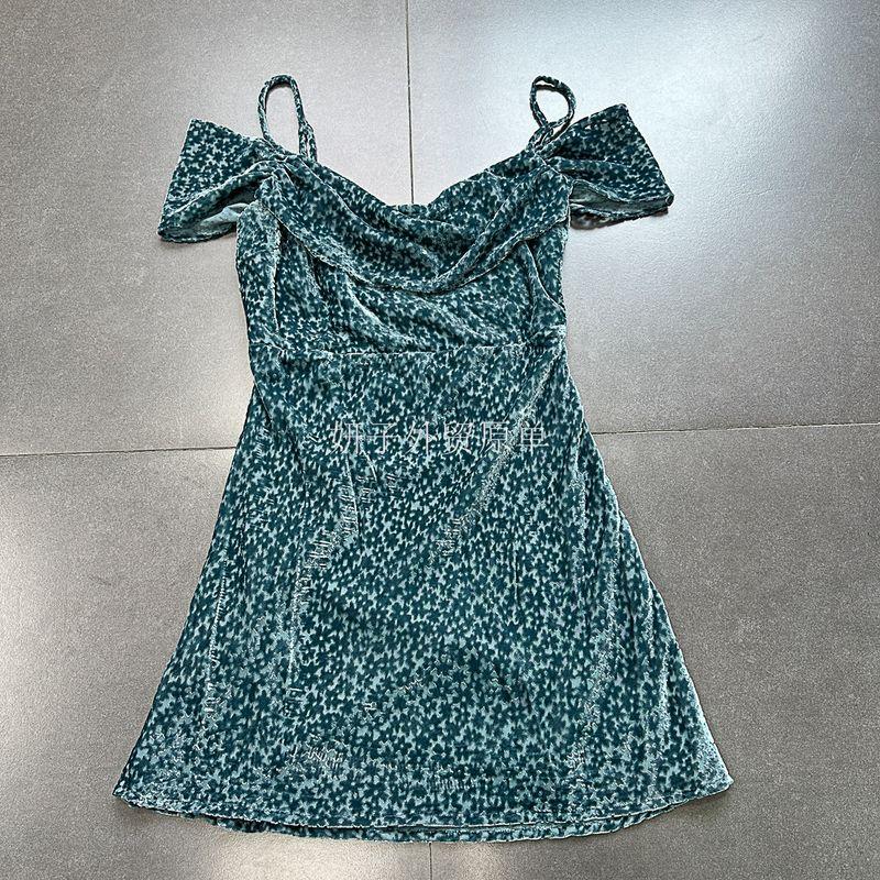 

Foreign Trade Original Order French Pure Desire Style Fitted Waist High Waist Flocking Velvet Mini Dress off-the-Shoulder Small Skirt Dark green flocking S