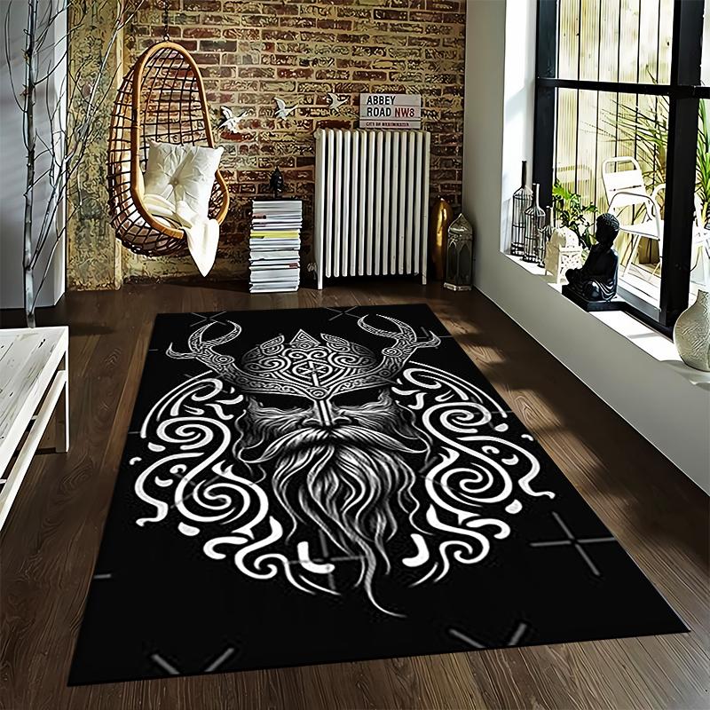 Viking Warrior Carpet - Black Nordic Pattern with Tribal Helmet Design Suitable for use as an anti-slip for living room bedroom sofas