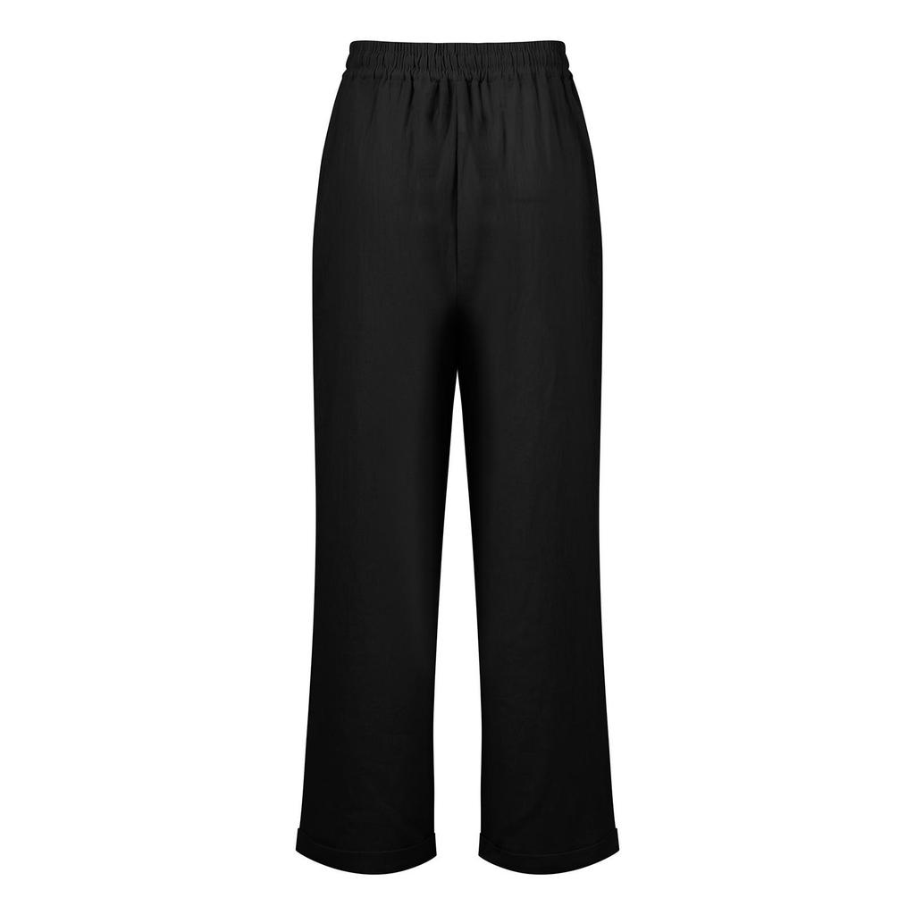 Frauen Sommer Elastische Taille Tasche Tasche Einfarbig Baumwolle Leinen Breite Bein Hosen Lose Neun Punkte Hosen