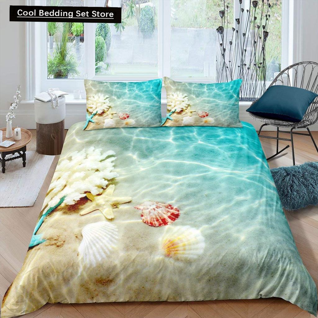 Beach Starfish Seashell King Queen Duvet Cover White Ocean Creatures Bedding Set Hawaii Quilt Cover Polyester Comforter Cover