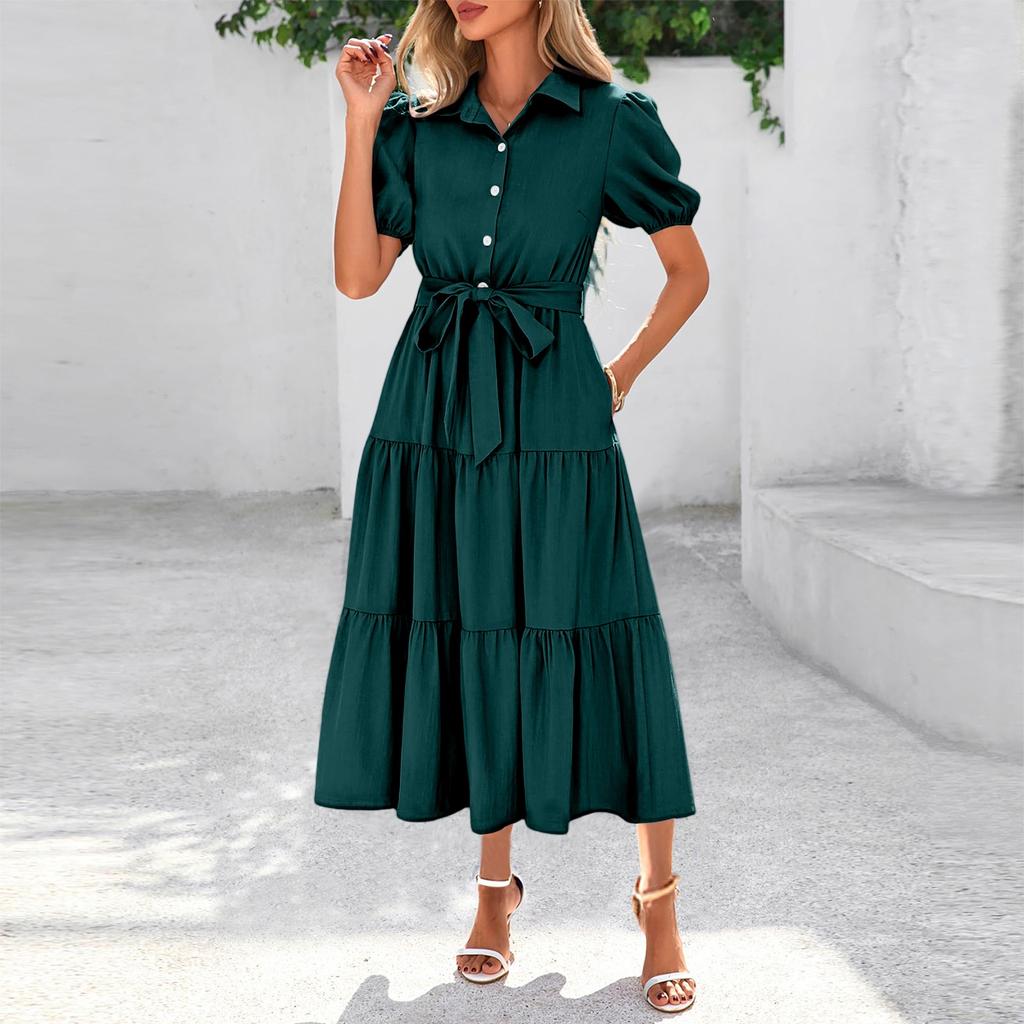 Womens Summer Color Short Sleeve Button Tie Waist Boho Flowy Tiered Maxi Sundress