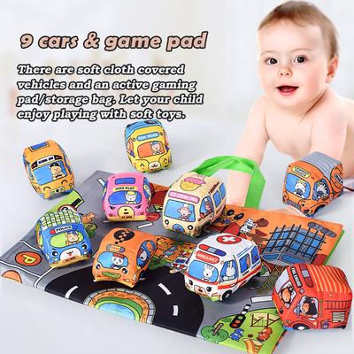 Weiches Autospielzeug-Set mit Spielmatte und 9 Fahrzeugen für Spielzeug Baby Lernspielzeug Eltern-Kind-Interaktion Knisterpapier Rasseln Spielzeug