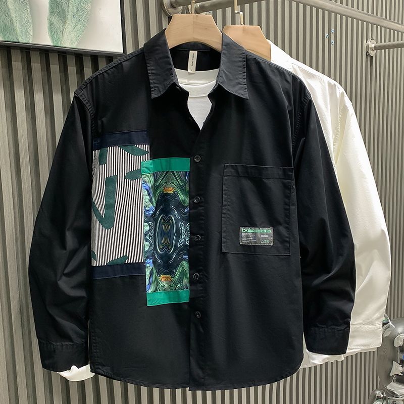 2024 Spring and Autumn Men's New Spliced Square Collar Button Pocket Printed Fashion Loose Minimalist Casual Long Sleeve Shirts