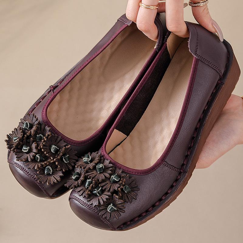 Fashion Handmade Vintage Wedged Shoes for Mature Ladies Genuine Leather Ballet Flats Woman Slip On Easy Fit Shoes Elderly Woman Moccasin