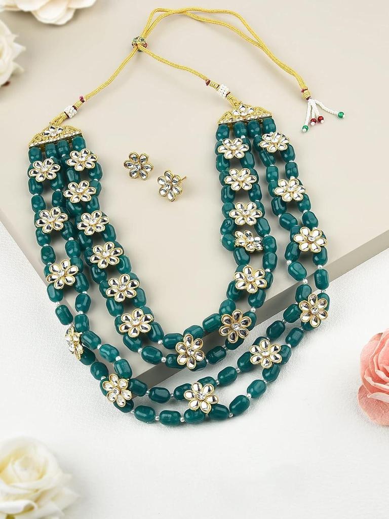 Green Beads & Floral Kundan Necklace Set for Women1697a