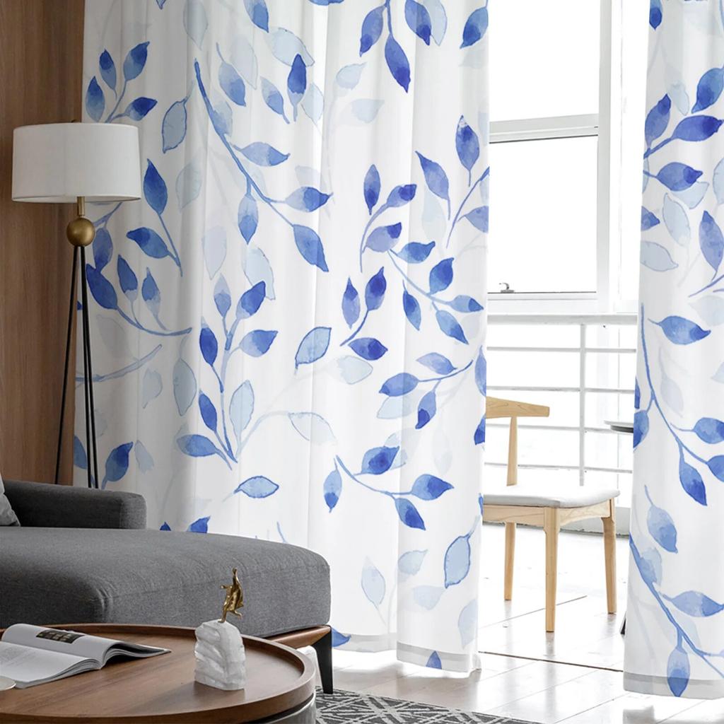 Blaue abstrakte Pflanzenblattstruktur Schlafzimmer transparente Vorhänge Urlaubsdekoration Fenster Voile Tüllvorhang