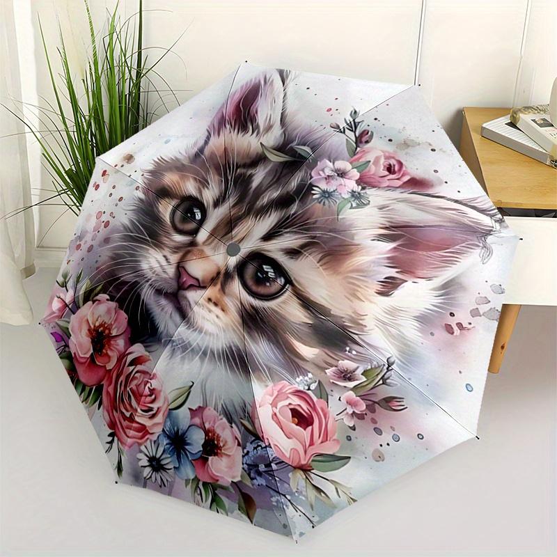 

1pc Appealing Kitten & Flower Automatic Opening and Closing Umbrella, Lightweight 3-Fold, With Cute Cartoon Characters, Suitable for Home, Outdoor and