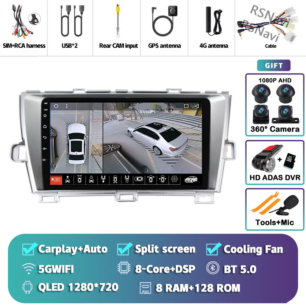 Android 14 Carplay Auto For Toyota Prius 2009 - 2015 Car Radio 4G+WIFI Player Multimedia Stereo 360 Camera Navigation Video GPS