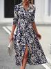 Women's Collar Long Sleeve Abstract Print Midi Dress High Waist Belted Shirt Dress