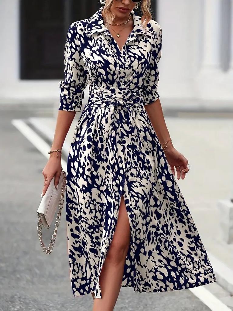 Women's Collar Long Sleeve Abstract Print Midi Dress High Waist Belted Shirt Dress