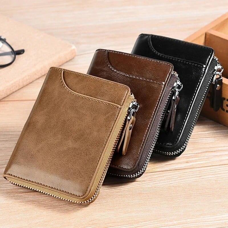 Men's Vintage Oil Wax Leather Zipper Wallet RFID Blocking Short Purse Multi Card Holder Business Casual Coin Pocket Credit Card Wallet for Men