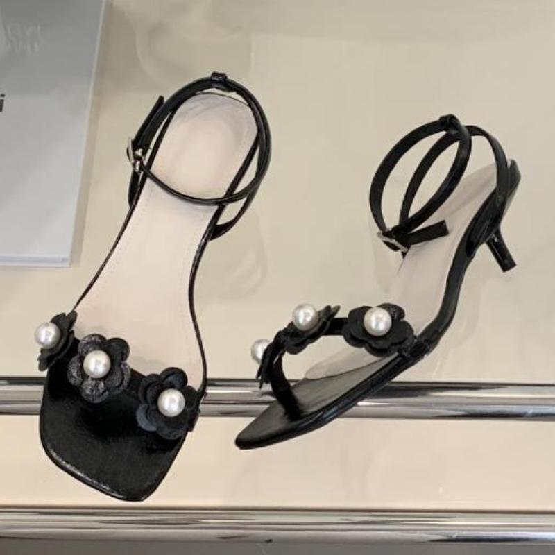 

Fashion Elegant Flowers String Bead Brand Sandals Women Fashion Ankle Buckle Kitten Heel Designer Shoes Sexy Open Toe Zapatos De Mujer 35 чёрный